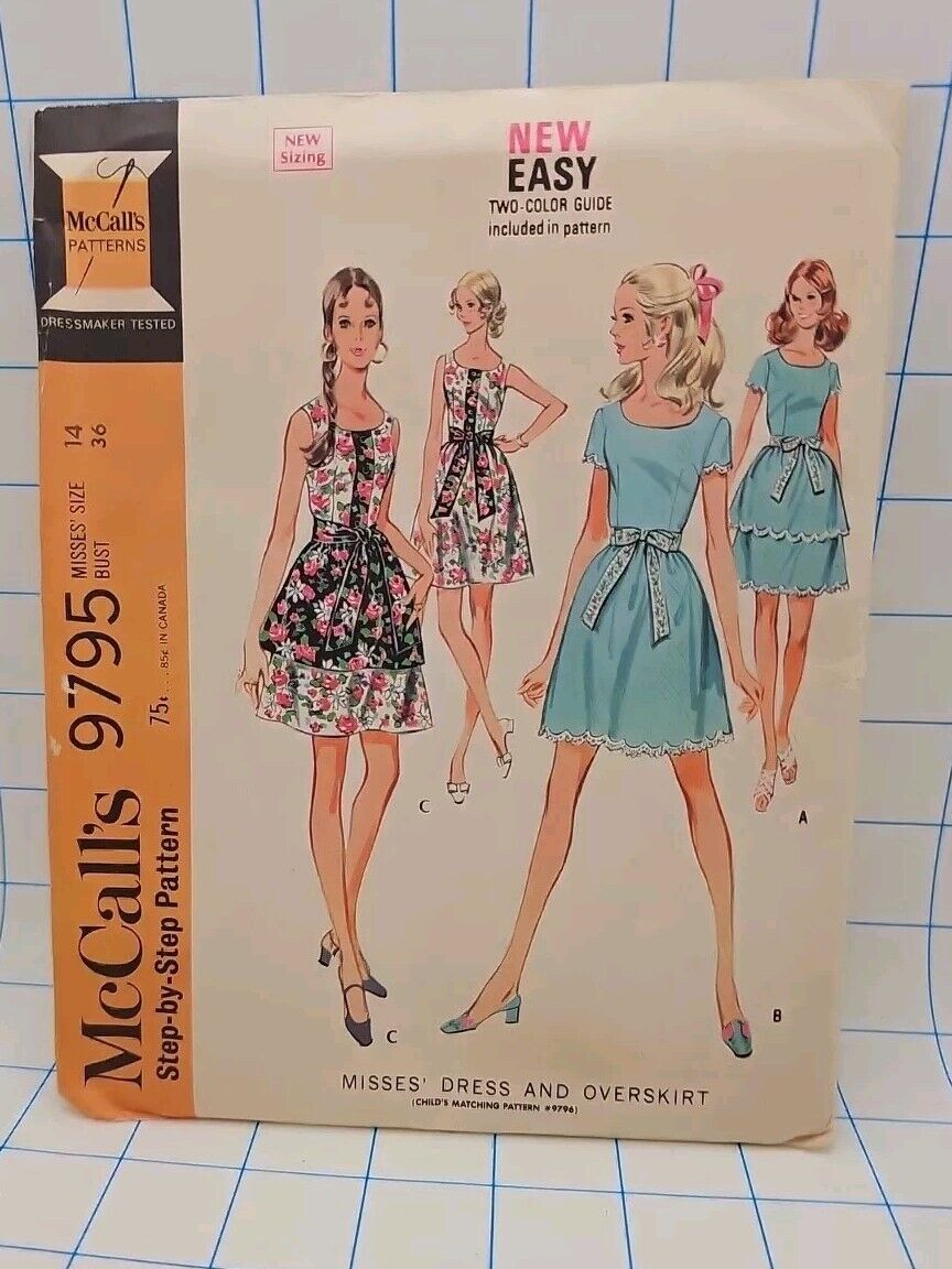 Vtg McCall\'s Sewing Pattern 9795 Misses Dress And Overskirt Size 14 36 Bust UC 