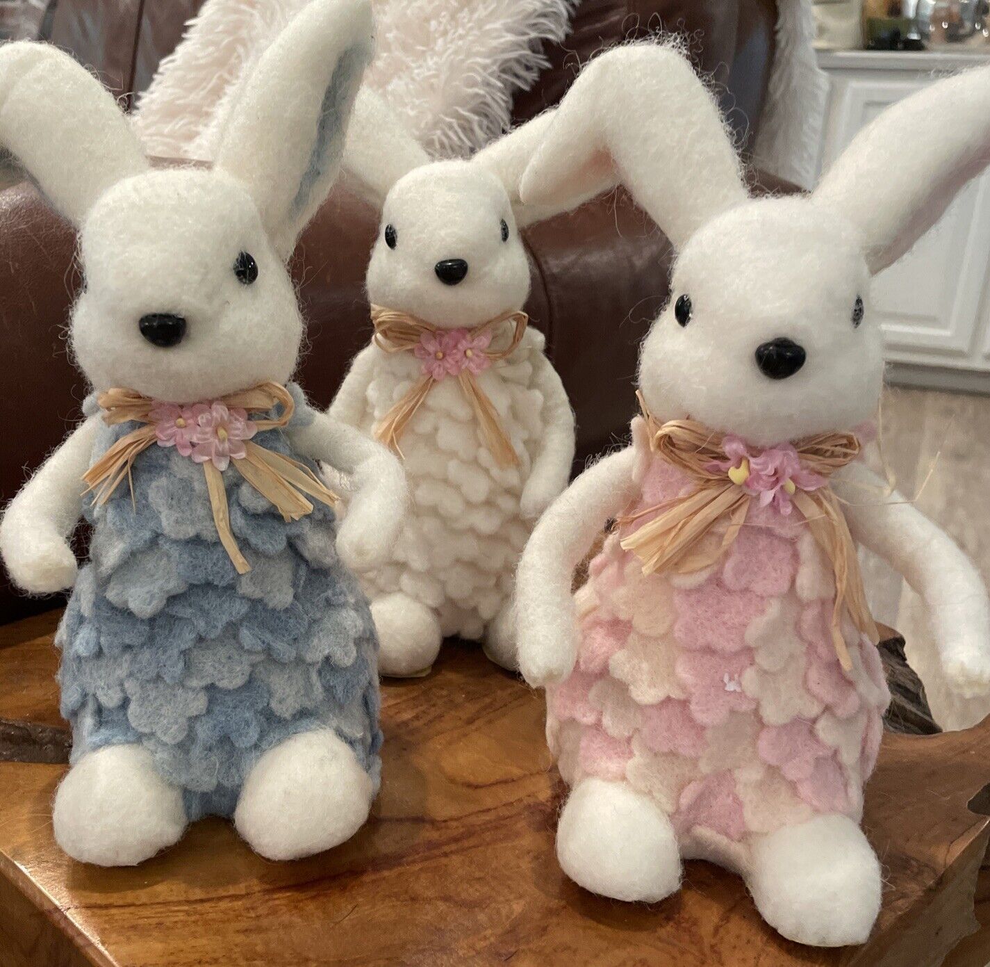 3-Adorable Vintage Felt Styrofoam Bunnies With Wired Arms To Shape  9”