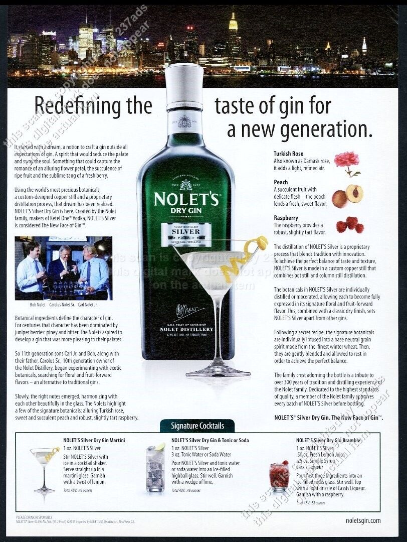 2011 Nolet\'s Dry Gin bottle & martini glass photo 3 recipes vintage print ad