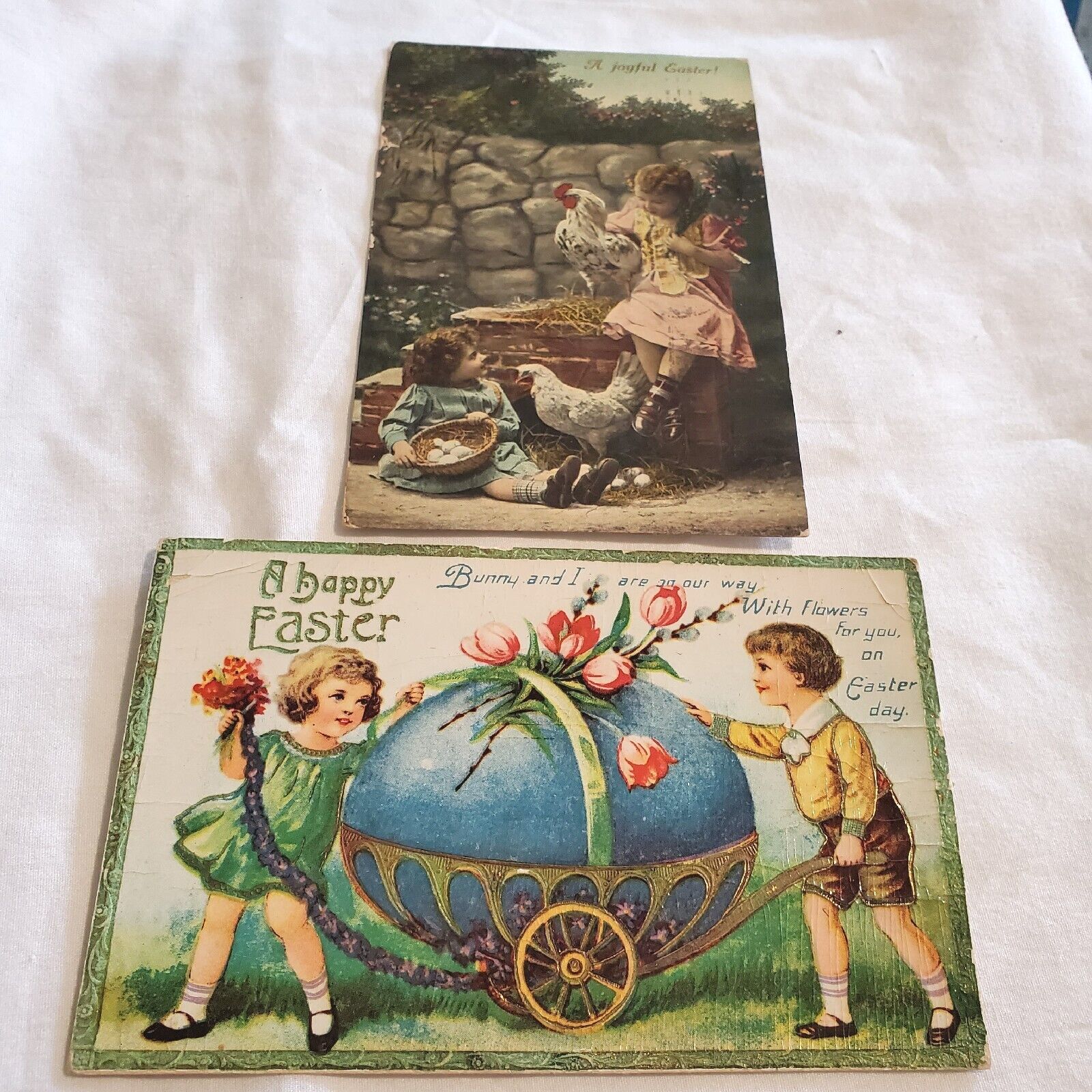 Antique 2 Postcards 1911-1920 Happy Joyful Easter Children Chickens Egg In Cart