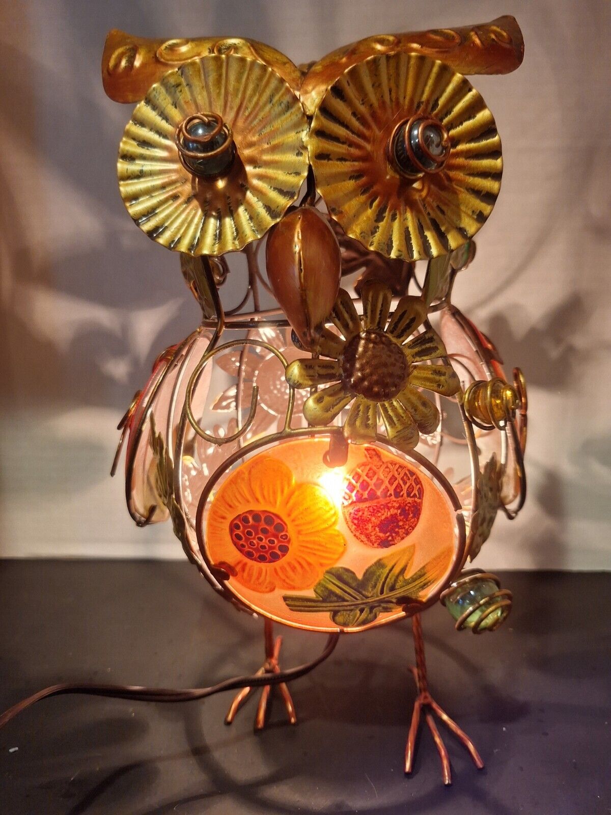 VTG  Metal ART DECO Glass SUN SCULPTURE SUNFLOWER OWL NIGHT LIGHT TABLE LAMP