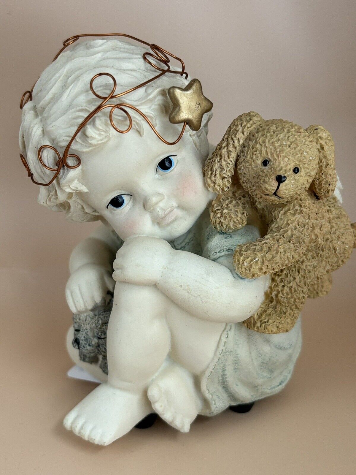 Vintage Musical Angel with Bear and Puppy Playing Brahms Lullaby, Cherub Angel