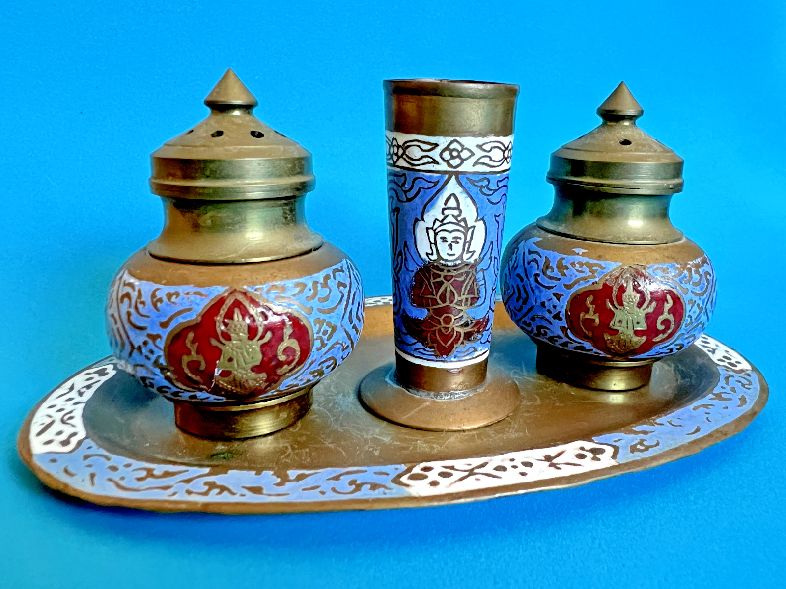 Vintage Blue Red Cloisonne Brass Salt Pepper Shaker Toothpick Holder Tray Buddha