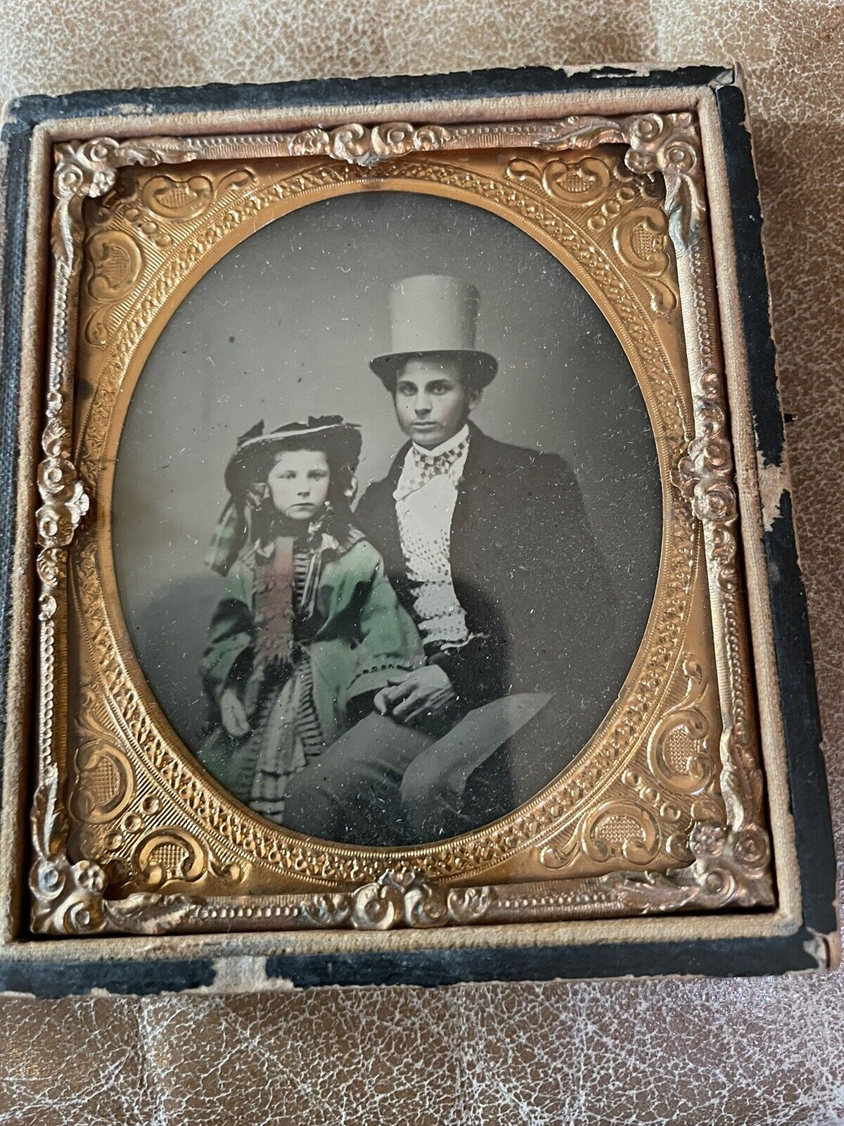 Stunning c.1860 -70 Ambrotype /Daguerreotype Photograph of Man Top Hat and girl