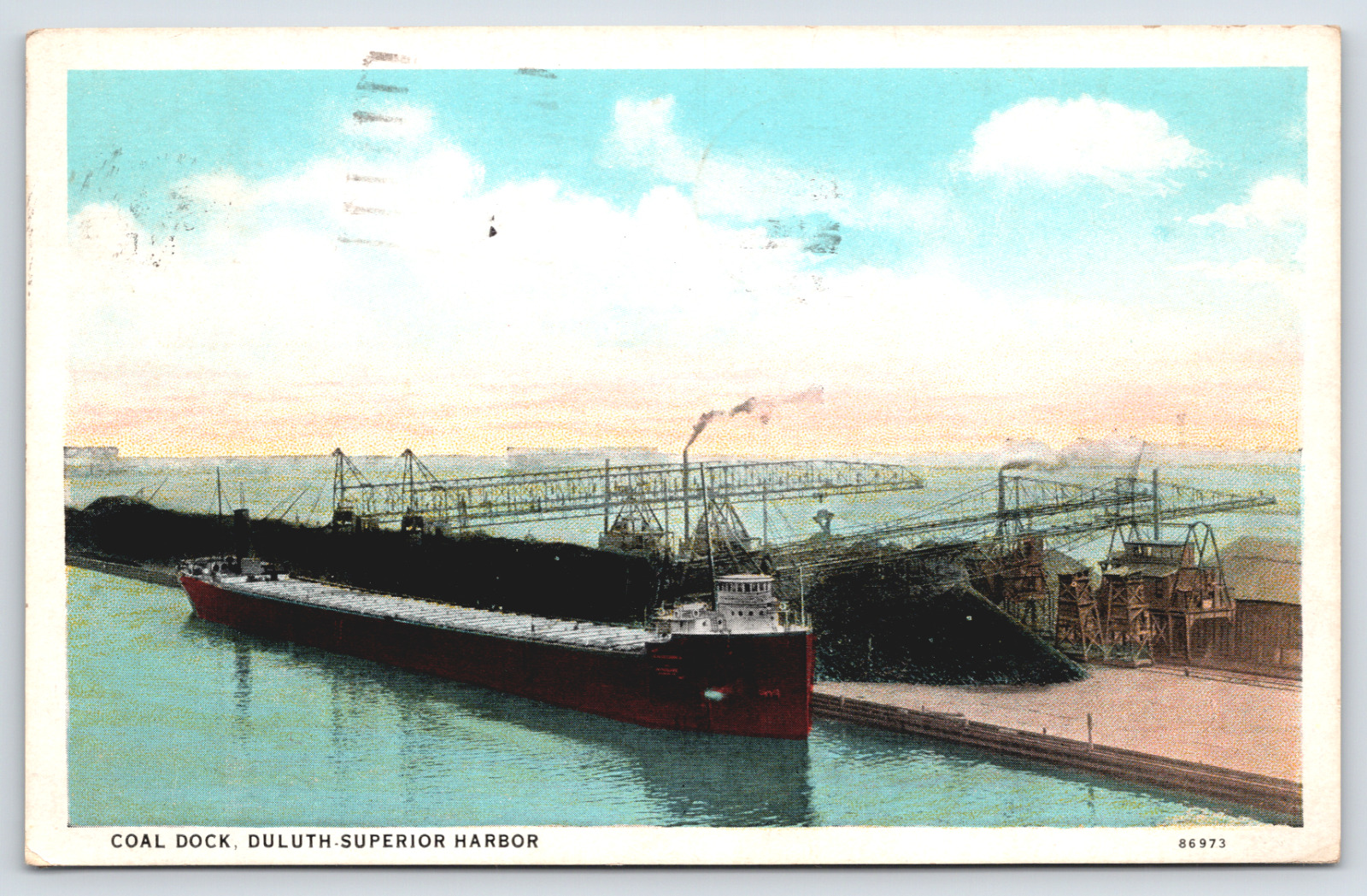 Postcard Coal Dock Duluth Superior Harbor Minnesota Ship Postmarked 1936