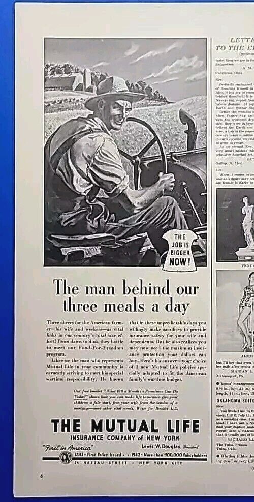 1942 The Mutual Life Insurance Co. Magazine Print Ad, Farmer The man behind...