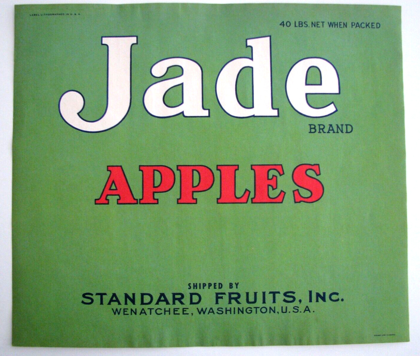 Original 1930s JADE apple crate label Standard Fruits Wenatchee WA C Grade green