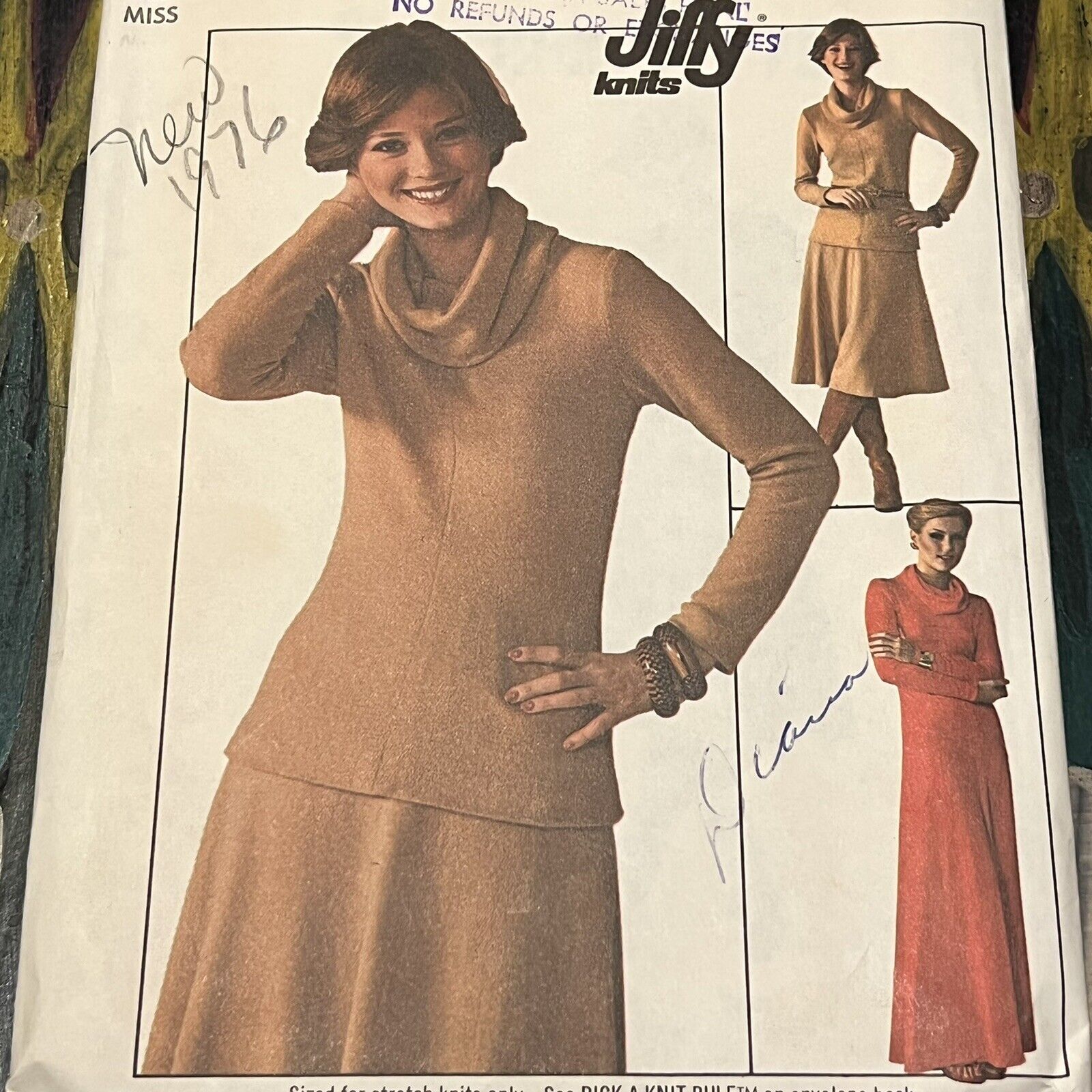 Vintage 1970s Simplicity 7750 Knit Dress or Top + Skirt Sewing Pattern Med UNCUT
