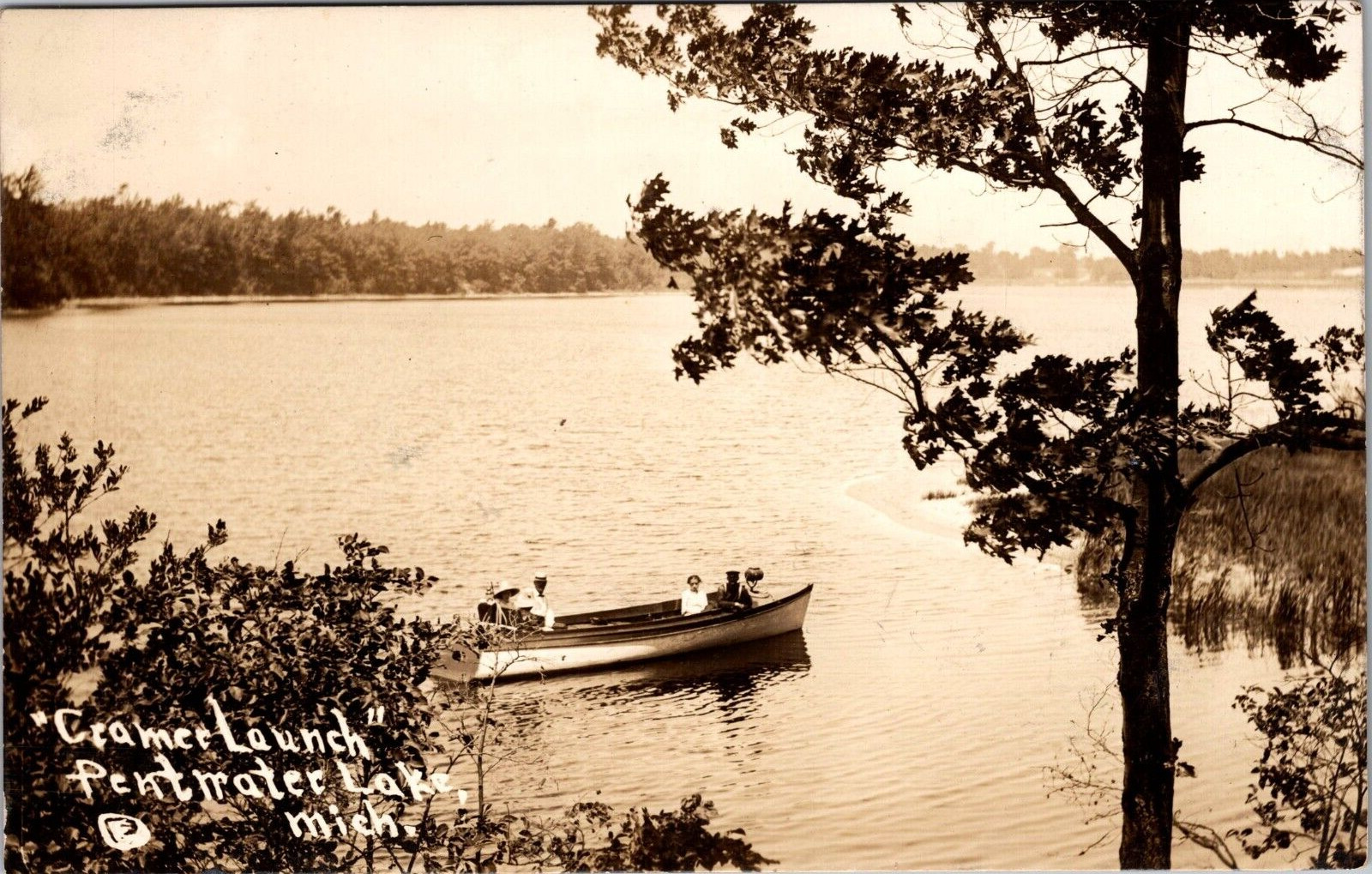 Postcard RPPC Pentwater Michigan Cramer Launch Pentwater Lake Boat Posted 1911
