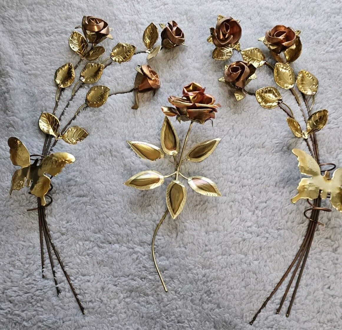 Vtg. Metal Home Interiors Rose Butterfly Wall Hanging Gold Copper Brass Set Of 3