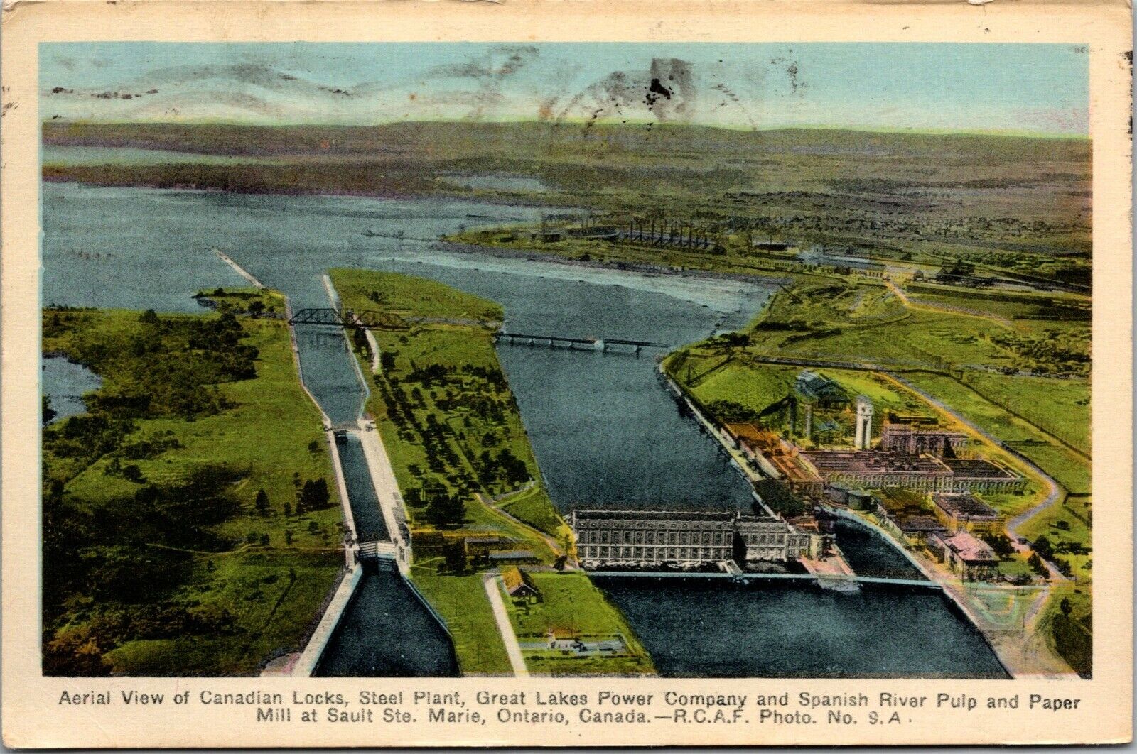 Vtg 1937 Aerial View Canadian Locks Sault Ste Marie Ontario Canada Postcard