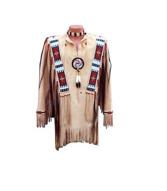 Old Style Beige Buckskin Suede Hide Fringes Beaded Powwow War Shirt NHS06