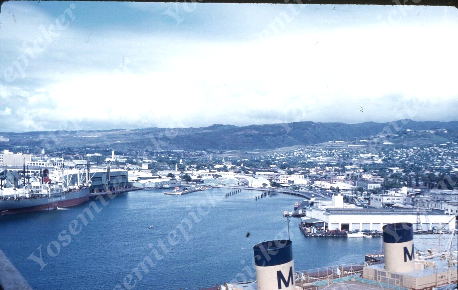 sl84 Original slide 1959 Hawaii Bay Matsonia passenger cruise ship 570a
