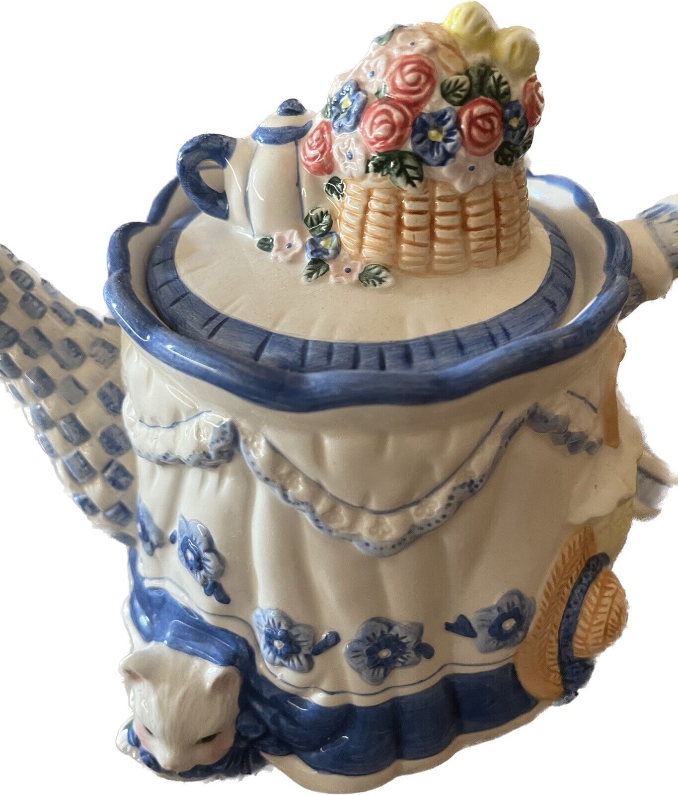Avon Cottage Teapot 1997 Blue & White Vintage Whimsical Decorative Cat 6\