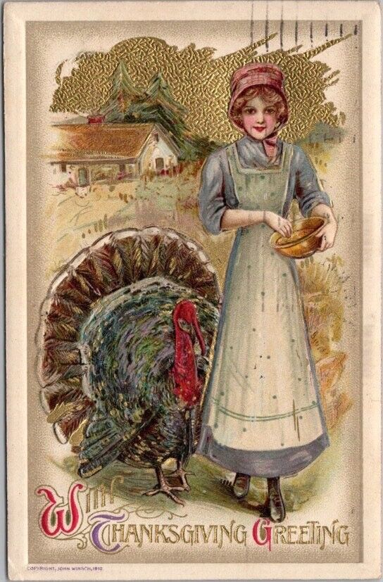 Vintage WINSCH Schmucker THANKSGIVING Postcard Pretty Lady / Turkey -1910 Cancel
