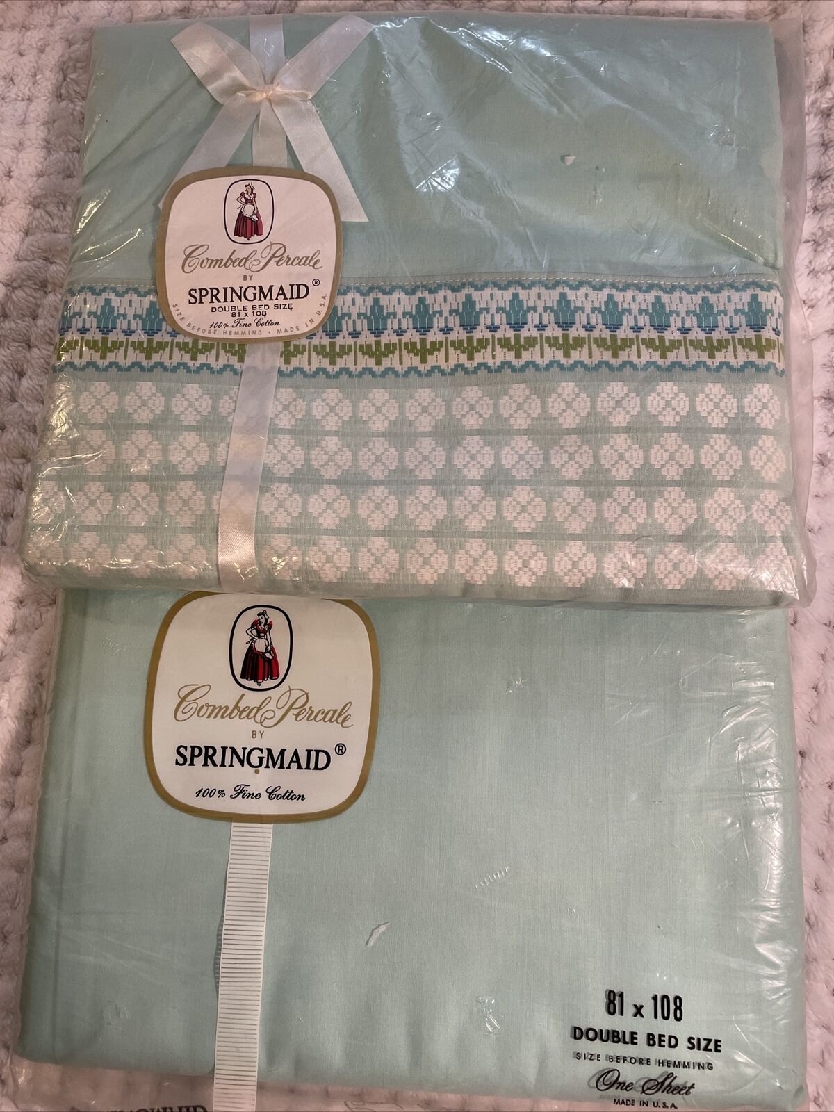 Vtg Springmaid Mint Green And Blue Combed Percale Fine Cotton Double Sheet Set