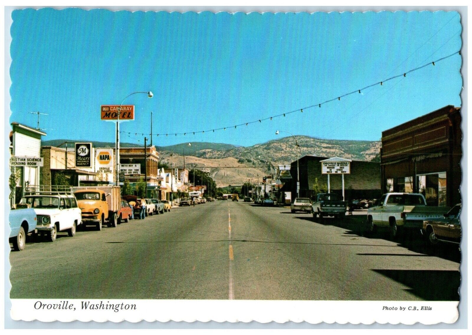 Oroville Washington WA Postcard Main Street Camaray Motel Napa Mears Agency Cars