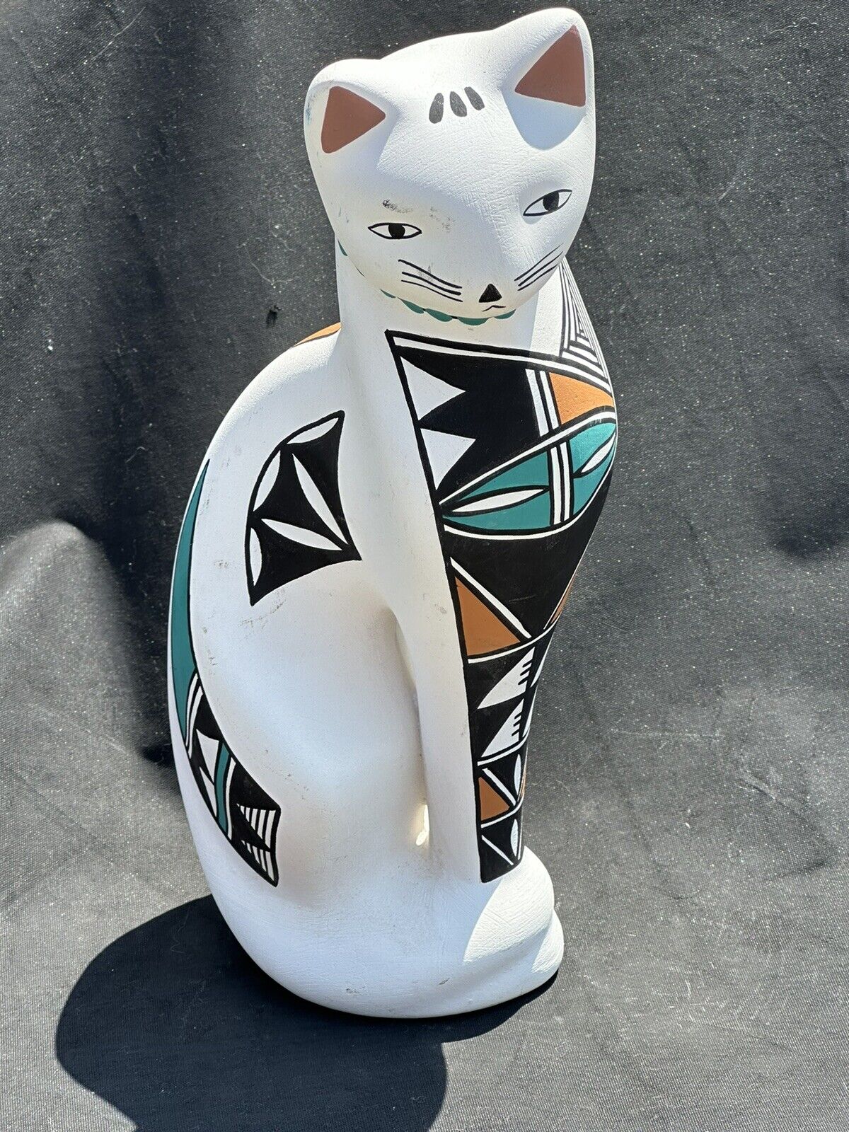 Acoma New Mexico Pottery Cat Figurine Signed LT Hand Painted 10.5\