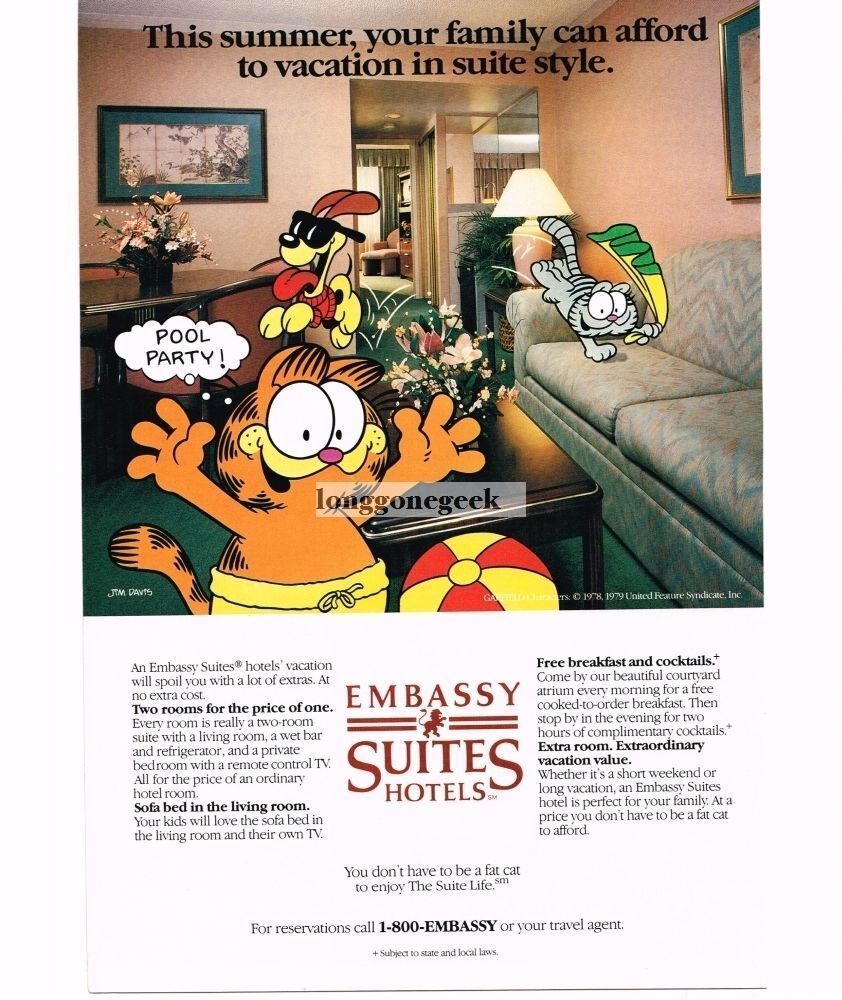 1987 Embassy Suites Hotels Garfield Otie Nermal Cartoon Vintage Print Ad 