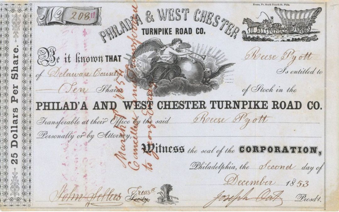 Philad'A and West Chester Turnpike Road Co. - Stock Certificate - Railroad Stock