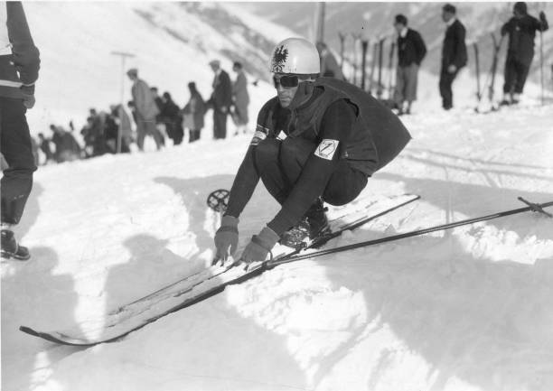 An Austrian skier competing at St Moritz stretching 1926 OLD PHOTO