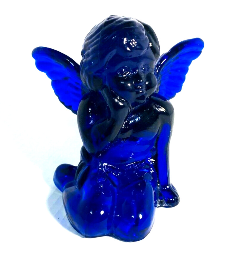 Vintage Cobalt Blue Glass Sitting Angel Cherub Taper Candle Holder 5\