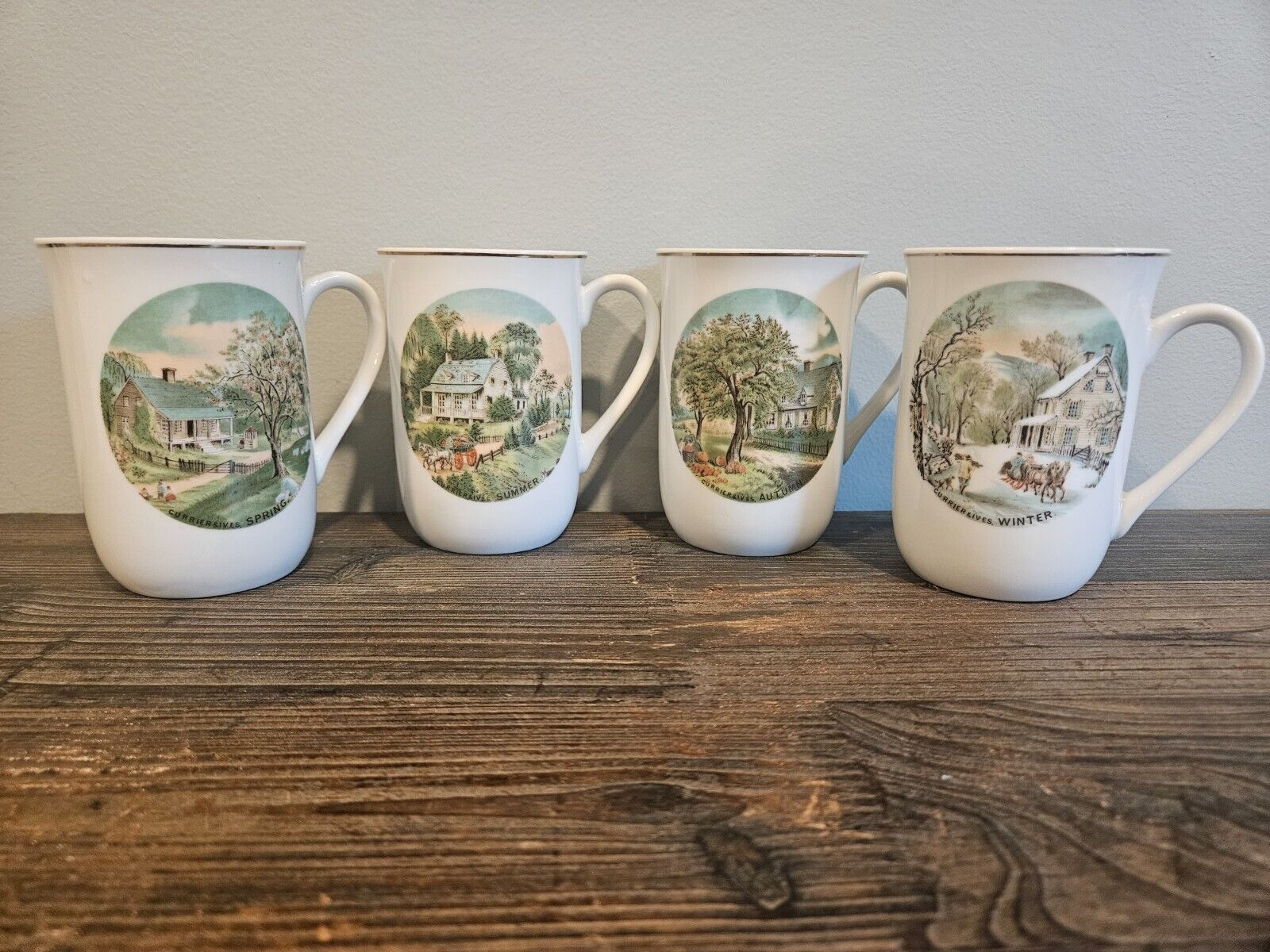 Vintage Currier & Ives Porcelain Four Seasons Mug Set W Gold Trim (Disclaimer)