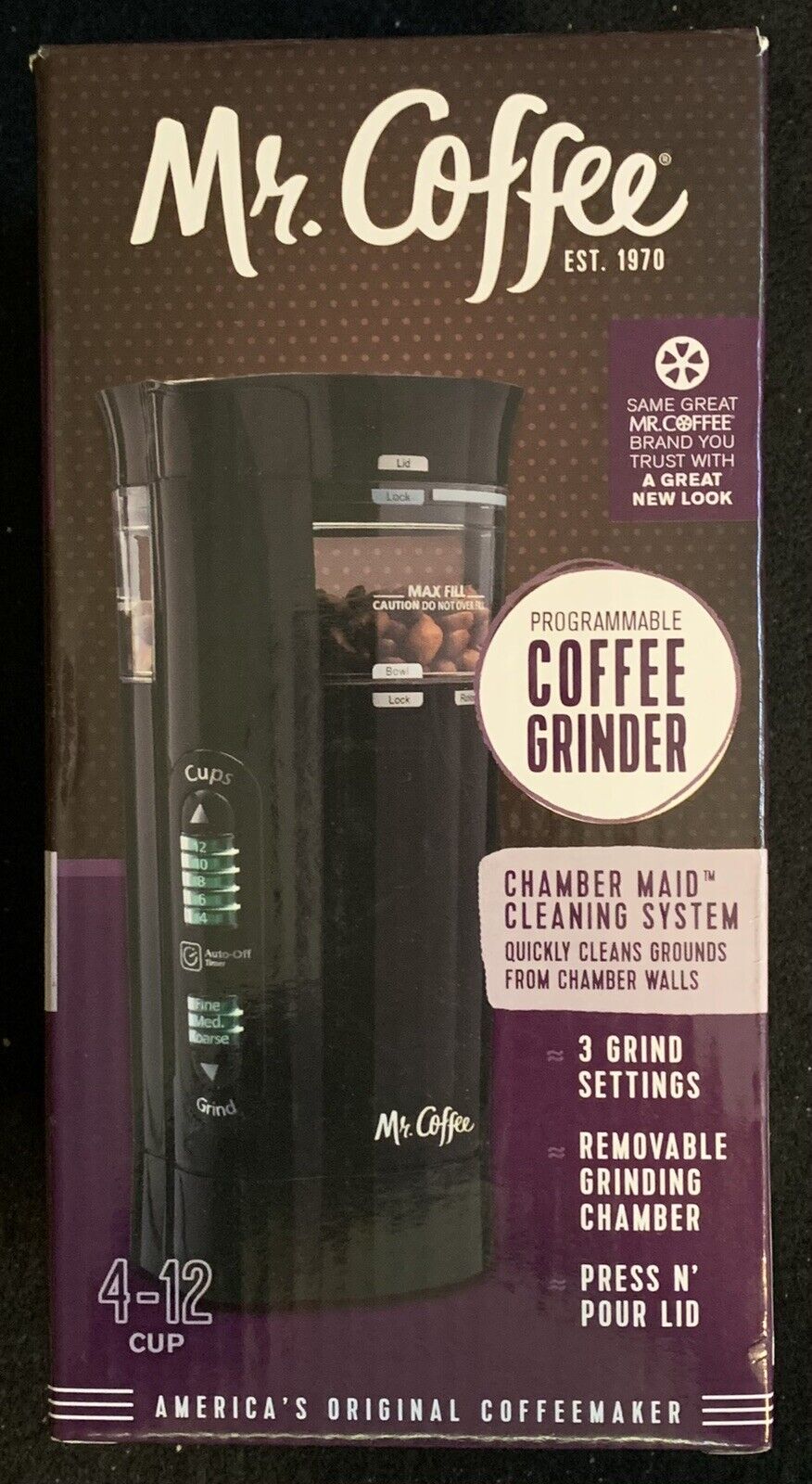 MR. COFFEE Programmable Coffee Grinder 4-12 Cup/3 Grind Settings IDS77 Blade NIB