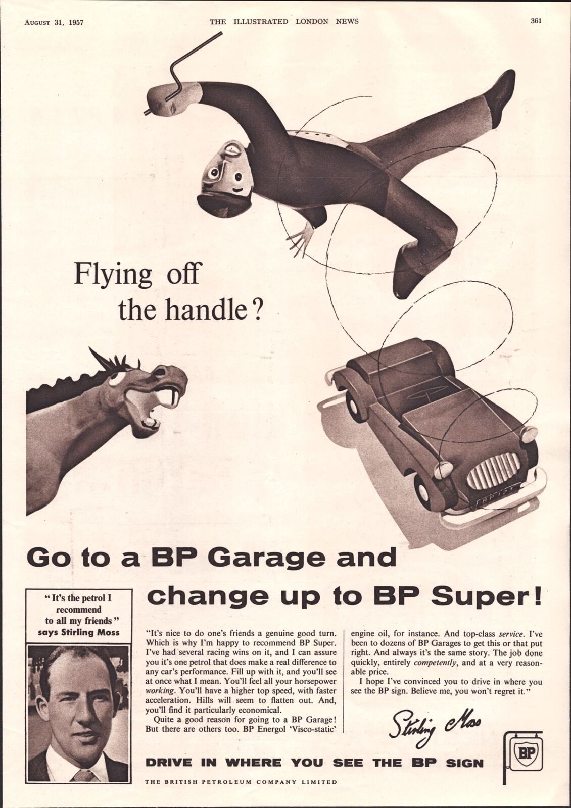 1957 BP Super Gasoline Gas Vintage Print Ad Garage Donkey Stirling Moss Wall Art