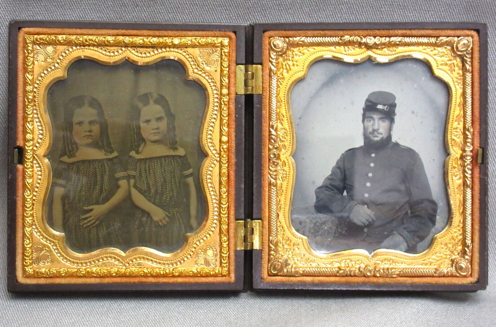 DOUBLE CASED C.W. Ruby Ambro of Union Soldier & Ambrotype of His Twin Daughters