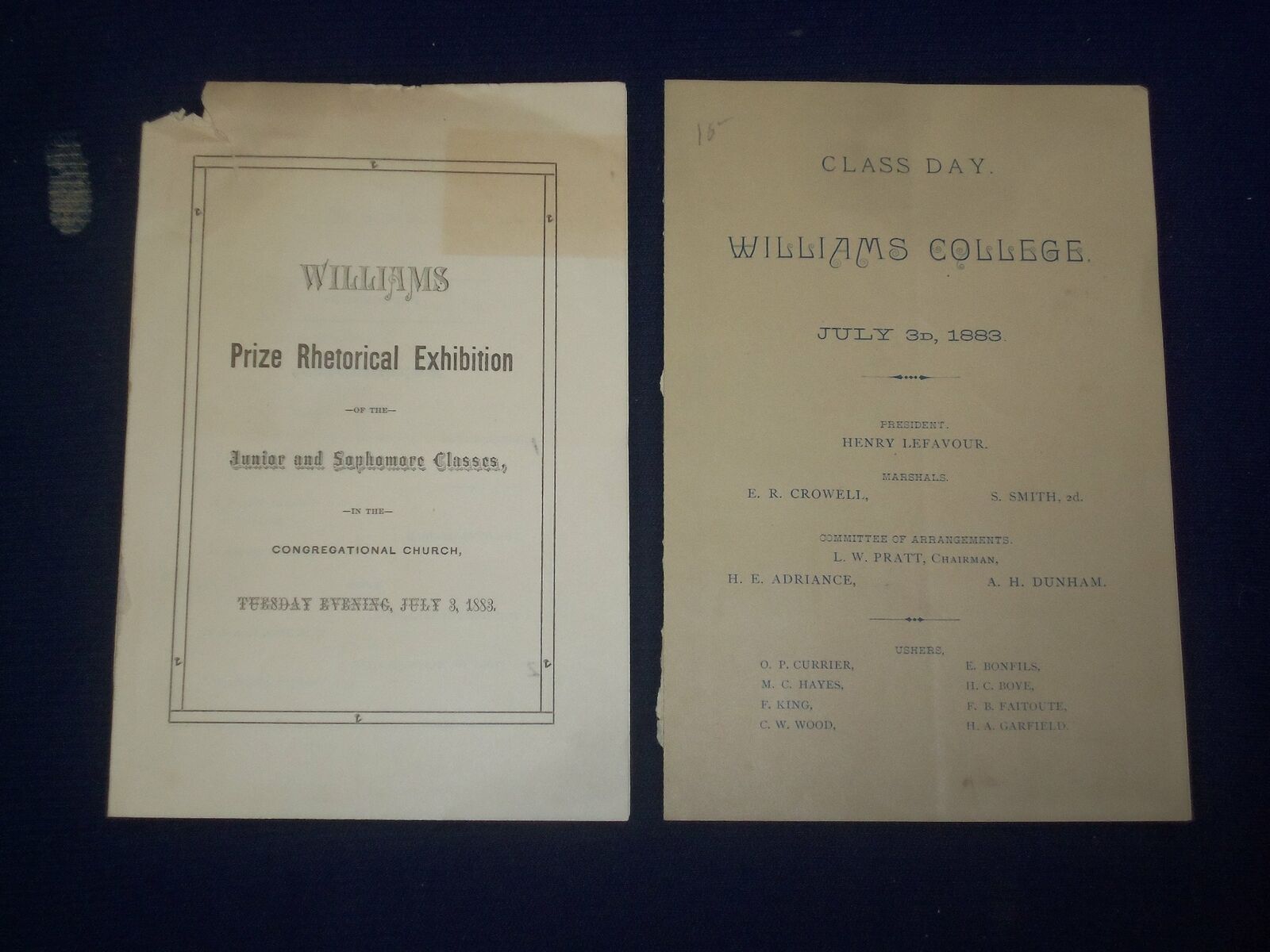 1883 JULY 3 WILLIAMS COLLEGE PROGRAMS - LOT OF 2 - J 4588