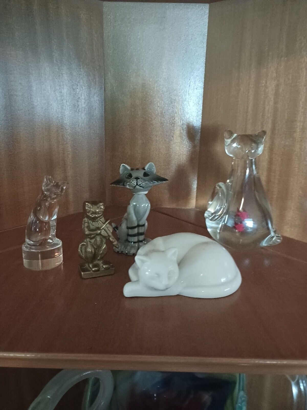 Lot of 5  Hoya Crystal, Murano Style, Brass Ceramic Cats, Vintag, Mid Century 
