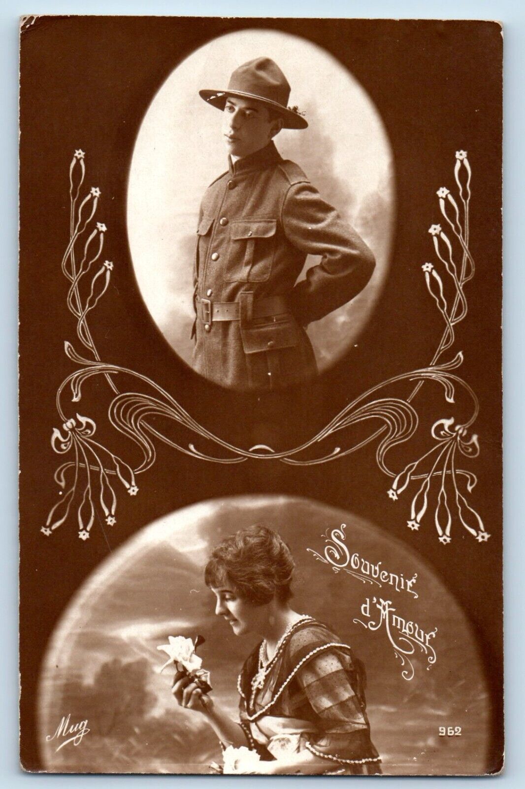 New Year Postcard RPPC Photo Soldier Couple Romance WWI c1910\'s Antique