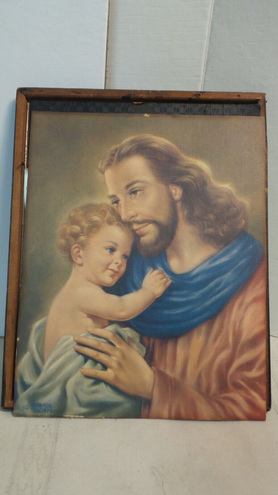 VTG Christian COLORED  Print Christ and Child by Clarence Thorpe FRAMED 10x9