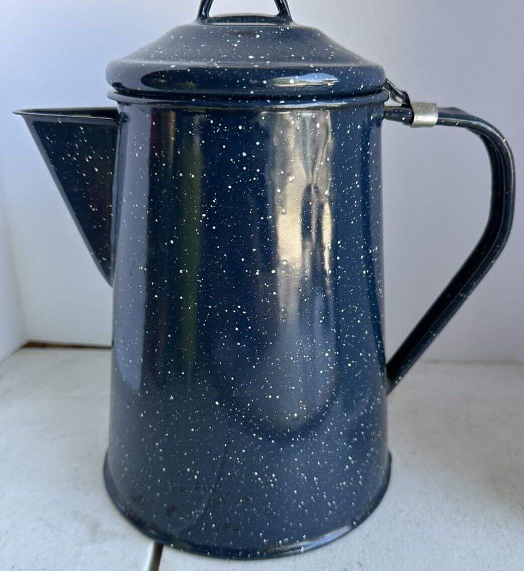 Vntg Enamel Ware Speckled Lg Blue Cowboy Coffee Pot/Kettle Camping