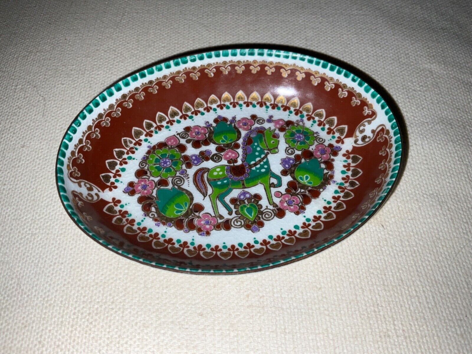 Vintage Steinbock-Email Handmade In Austria Burgundy &Green Oval Trinket Dish