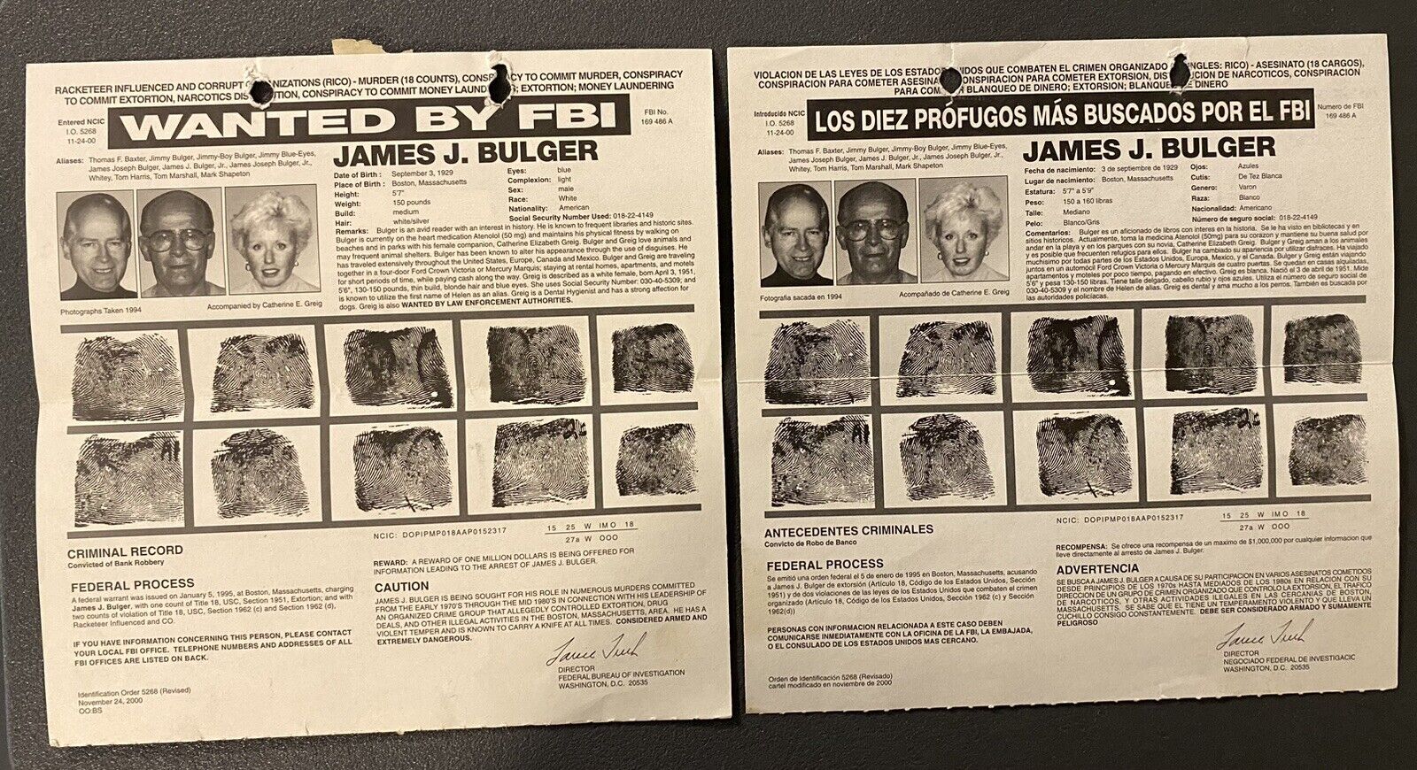 Genuine James ‘Whitey’ Bulger Wanted FBI Posters