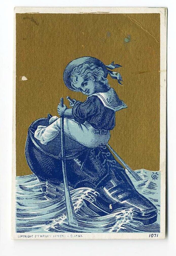 BOY in Large SHOE as Boat Rowing Sea VICTORIAN Boot Trade Card 1880\'s