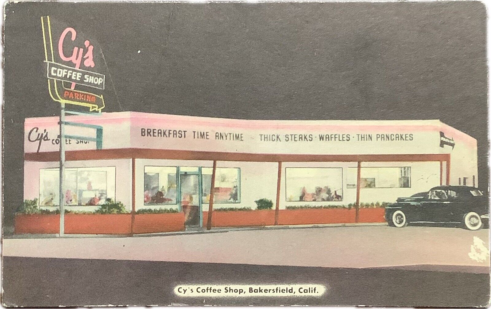 Postcard 1940s California Bakersfield Cy\'s Coffeeshop night autos CA24-1026