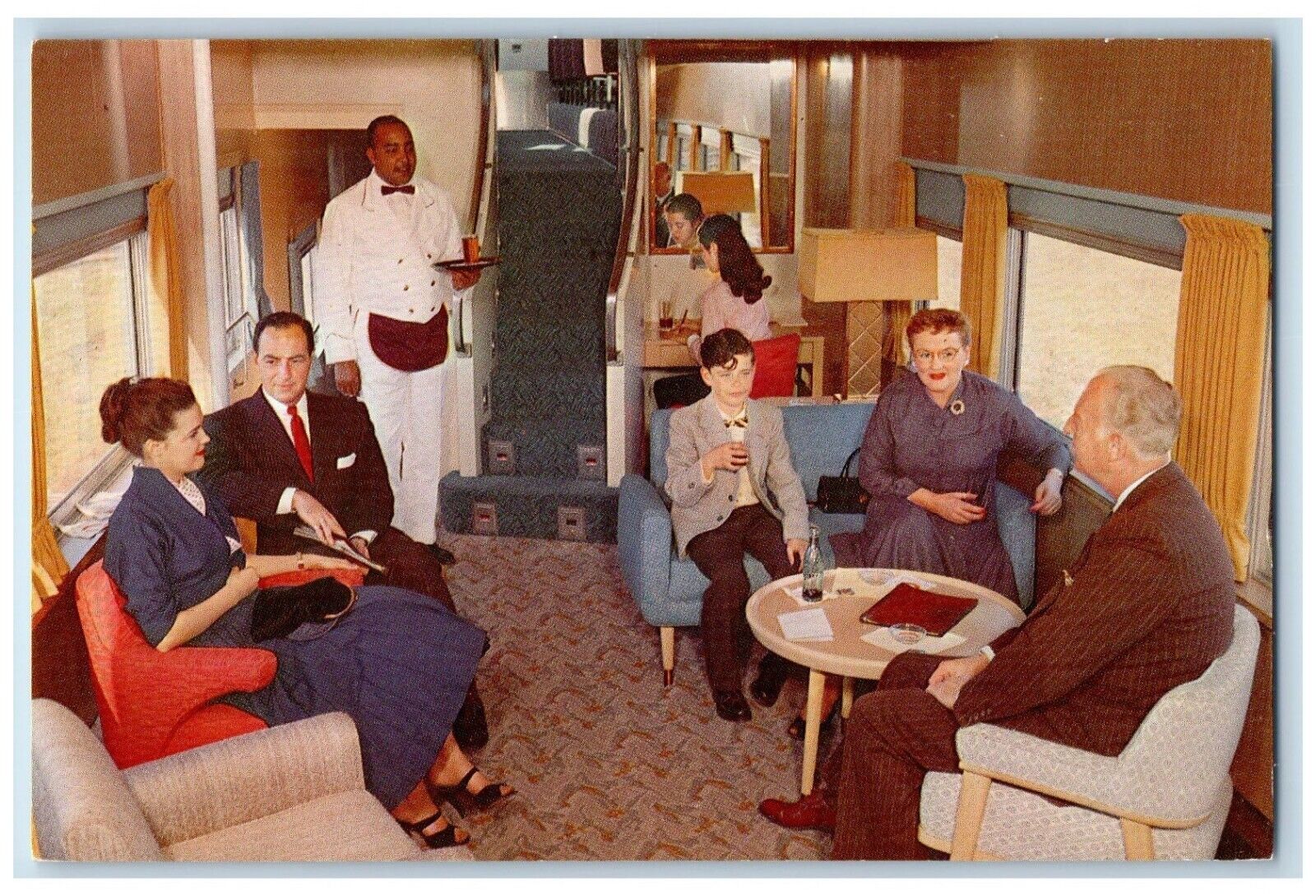 Union Pacific Railroad Postcard Downstairs Lounge Relax As You Ride Domeliners