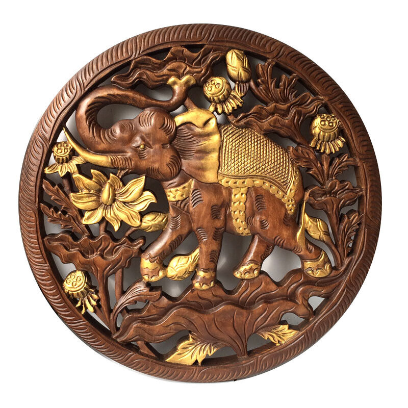 Wood Carved Round Elephant Lotus Plaque Feng Shui Wall Hanging Sculpture Decor