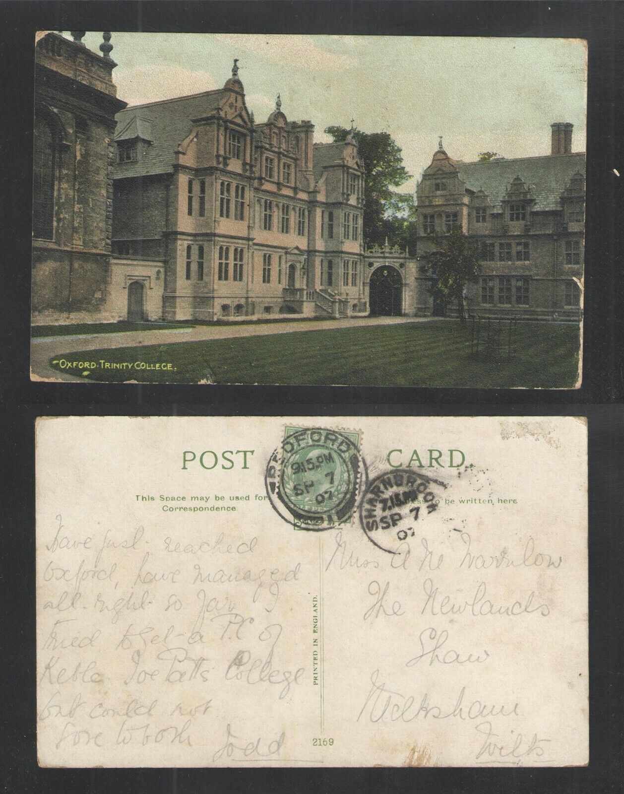 1907 OXFORD TRINITY COLLEGE ENGLAND UK POSTCARD { BEDFORD DOUBLE RING CANCEL }