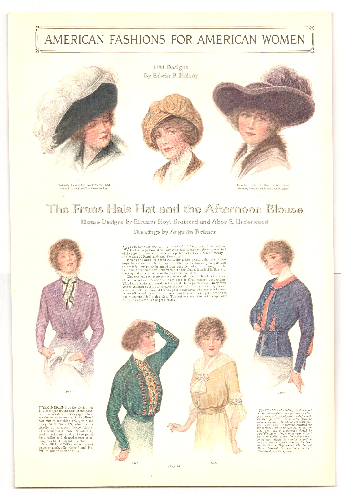 1913 Ladies Fashion Hats antique ART PRINT American Women blouses Edwin Halsey