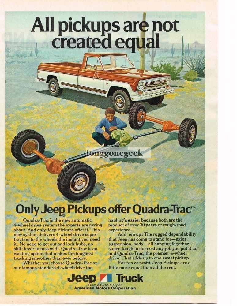 1974 Jeep Pickup Truck with Quadra-Trac in Desert art Vintage Ad 