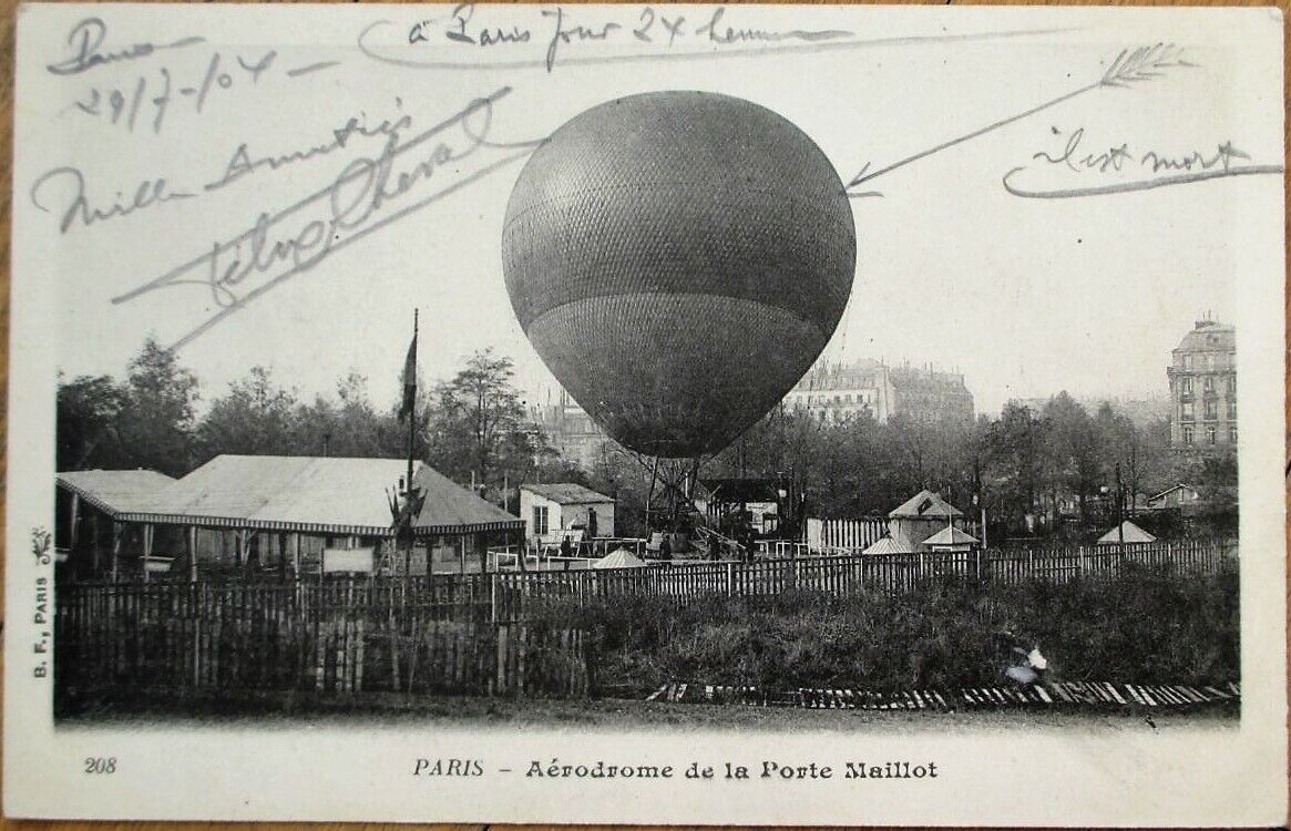 French Aviation 1904 Postcard: Hot Air Balloon, L\'Aerodrome Porte Maillot, Paris