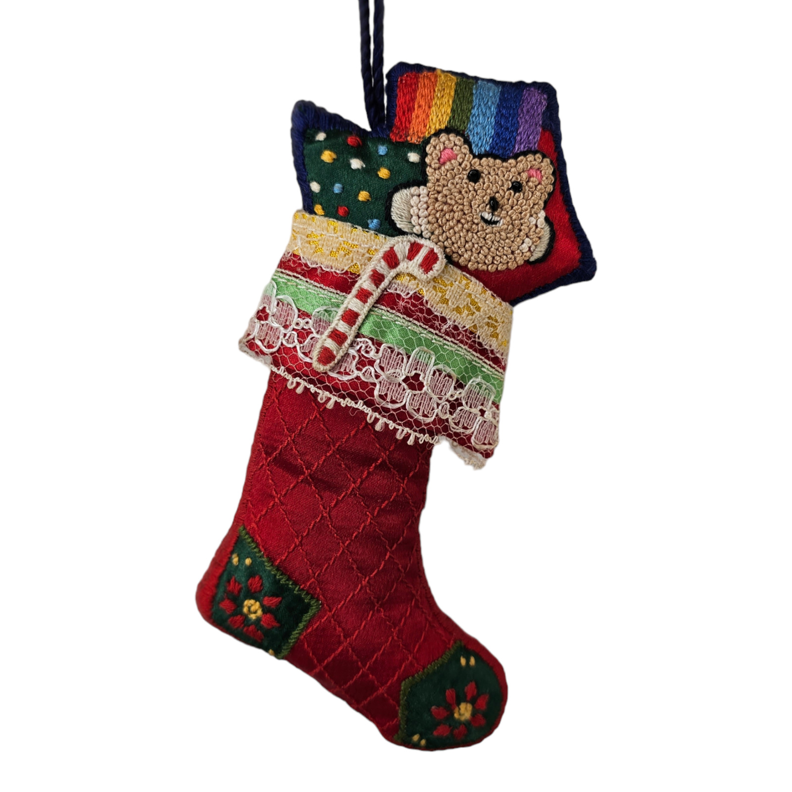 Vintage Hallmark Rainbow Stocking Ornament 1983 Teddy Bear Candy Cane Fabric 5\