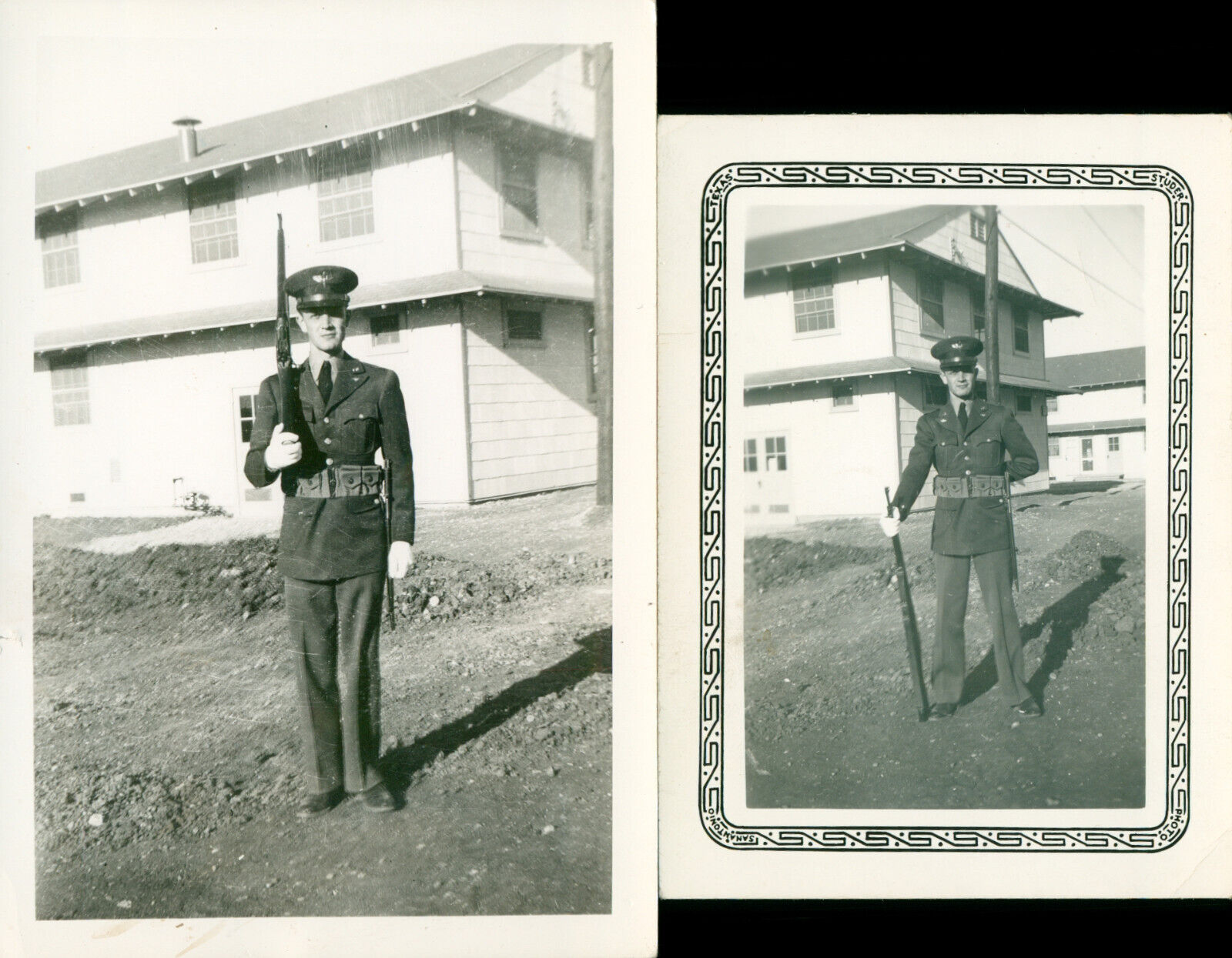 1942 USAAF airman\'s stateside training 2 Photos barracks with rifle & ammo belt