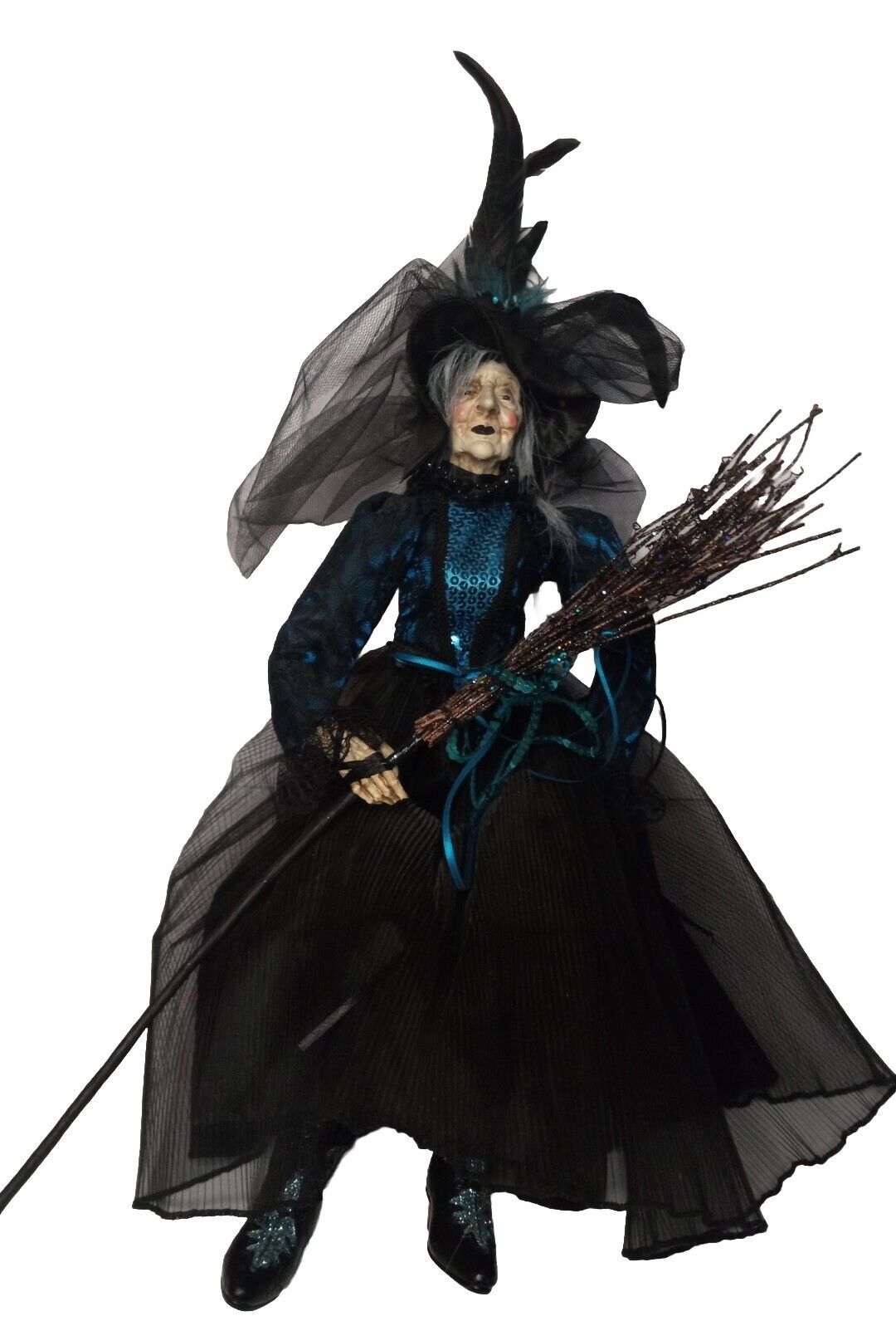 Vintage Broomstick Black/Blue Sequins/Glitter Witch Shelf Sitter