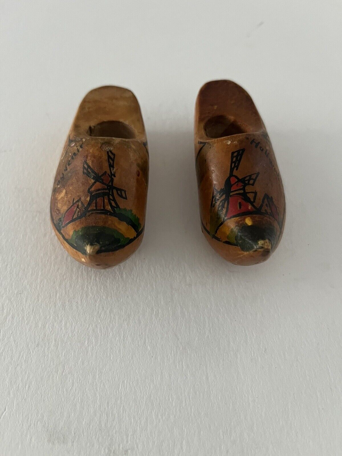 Vintage Authentic Dutch Hand Carved Painted Holland Wooden Clogs Shoes Windmills