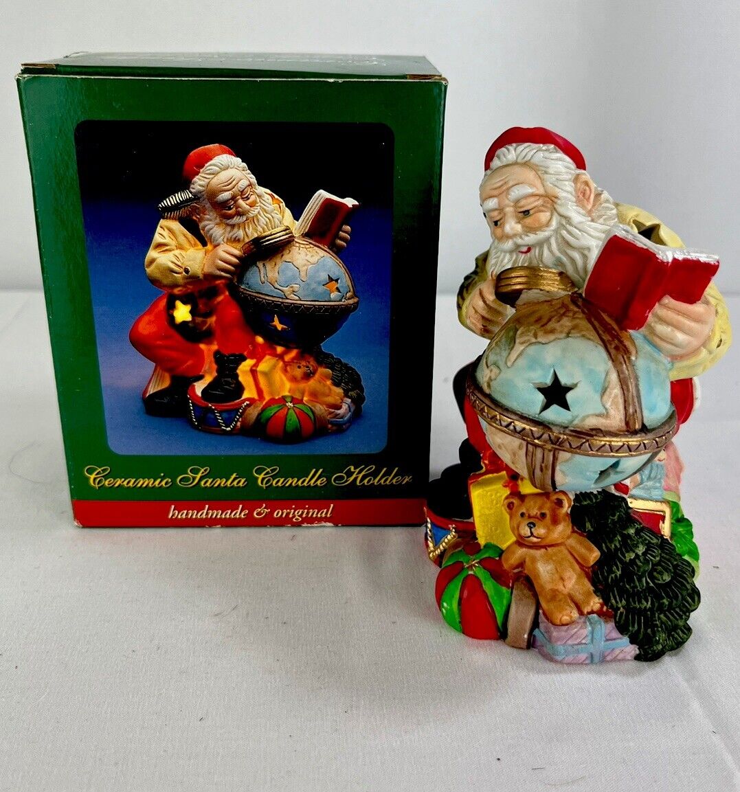Vintage Handmade Ceramic Santa with Globe Votive Candle Holder